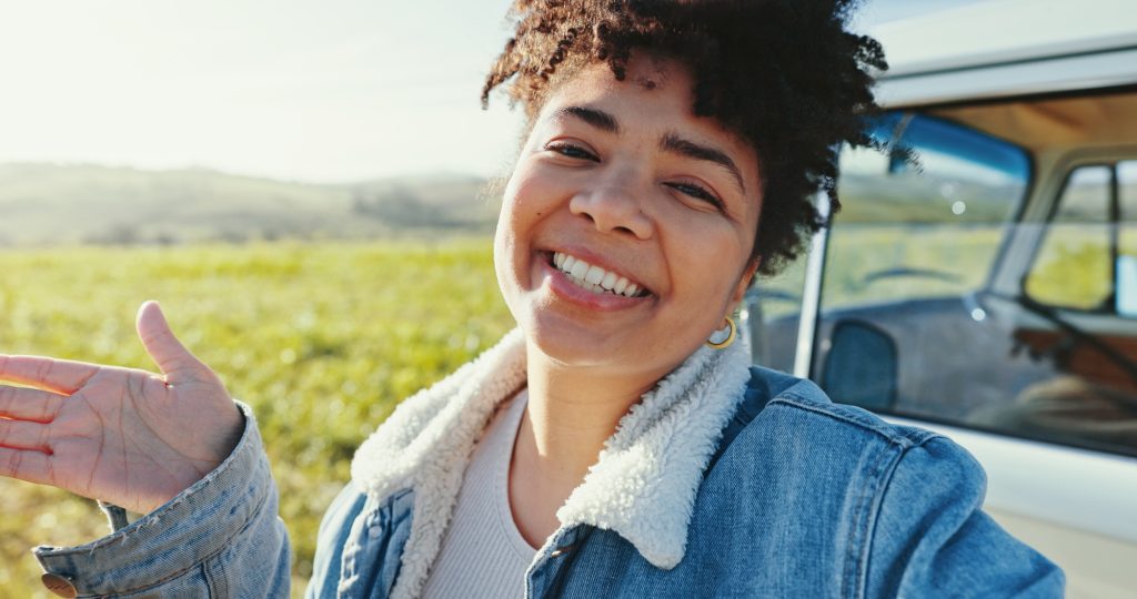 Happy woman, portrait or farm with selfie for vacation, road trip or holiday journey in nature. Fem